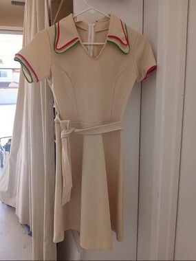 Cream Midi Dress with Contrast Trim and Waist Tie